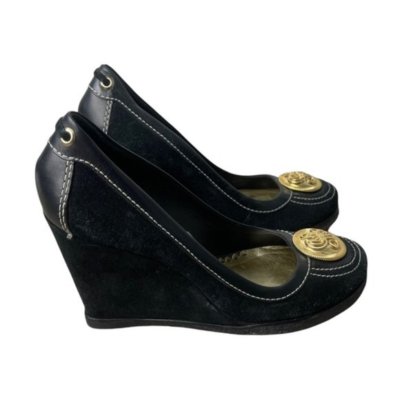JUICY COUTURE Y2K Women's Black Suede High Platform Wedge Gold Logo 9M GUC - Picture 1 of 8